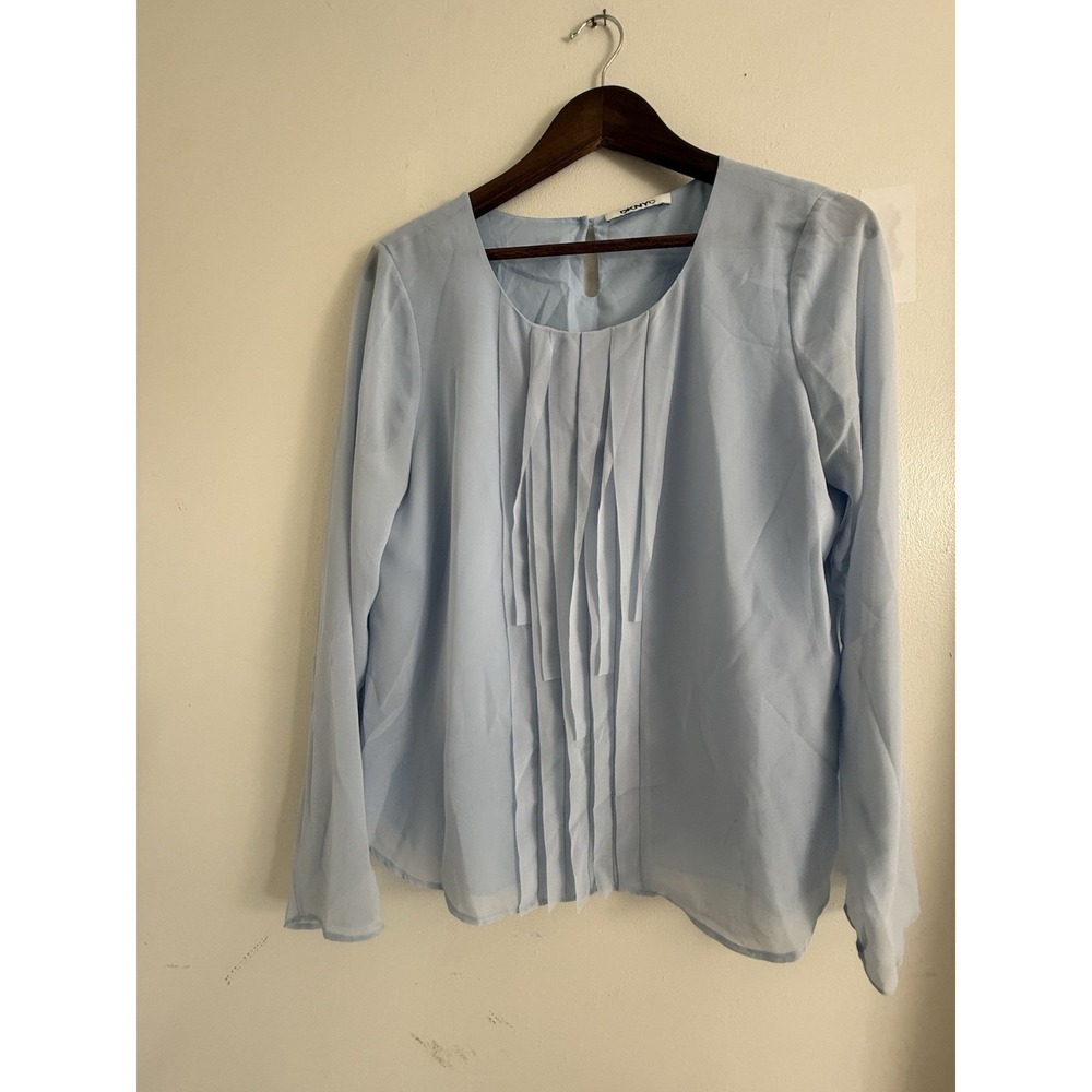 DKNYC Women Blue Pleated Front Long Sleeve Blouse Sheer Career Top M